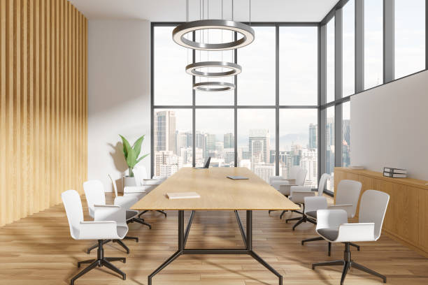 istock Wooden and white board room interior 1804324522