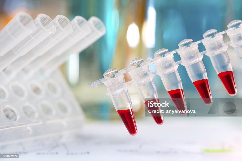 Tubos de plástico preparados para amplificação de DNA - Foto de stock de Azul royalty-free