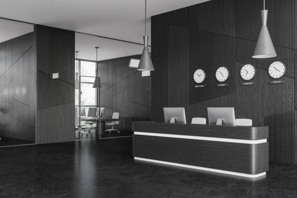 istock Dark wooden office hall interior with reception 1804326699