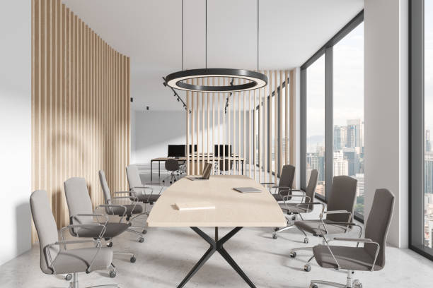 istock Cozy office interior with meeting and coworking zone, panoramic window 1804329395