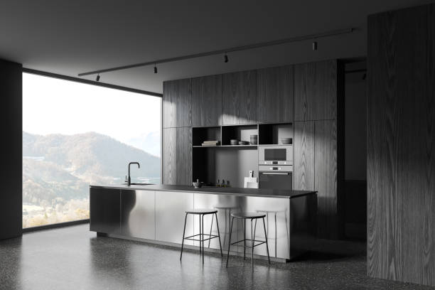 istock Grey home kitchen interior with bar island and shelves with kitchenware 1804332064