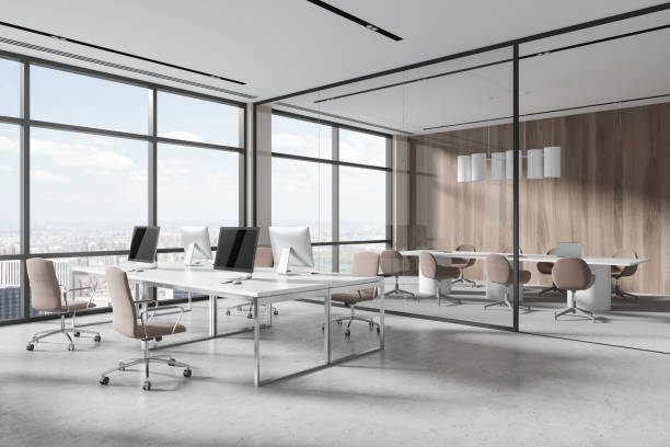 istock Stylish business interior with coworking and conference room, panoramic window 1804332582