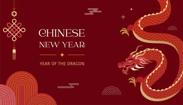 Vector illustration of Lunar new year background, banner, Chinese New Year 2024 , Year of the Dragon. Traditional minimalist modern style