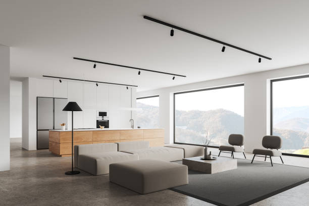 istock Stylish flat interior with cooking and relaxing space, panoramic window 1804334196