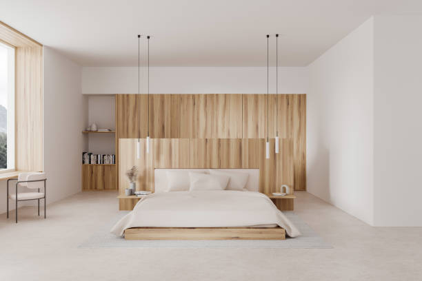istock Elegant hotel bedroom interior with bed and decor, panoramic window 1804336881
