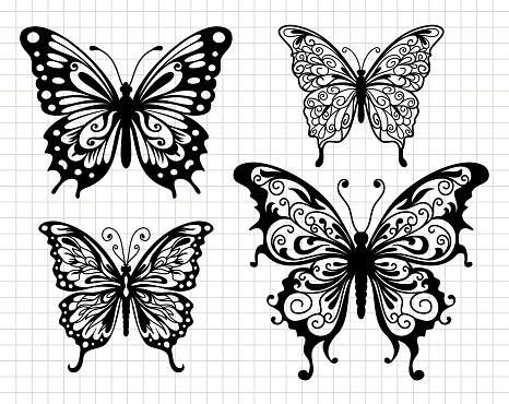 Butterfly design. Summer tropical insect. Different poses. Silhouette vector flat illustration. Cutting file. Suitable for cutting software. Cricut, Silhouette.