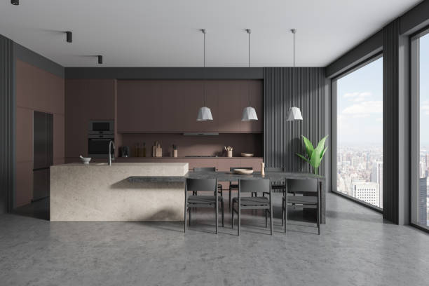 istock Gray and brown kitchen interior with cabinets and island 1804337936