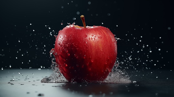 A ripe red apple falling into a pool of clear blue water on the ground, creating a splash