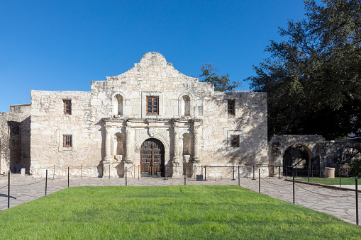 facade of historic church and fort Alamo in San Antonio, Texas, USA