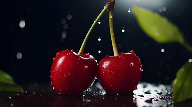 istock Ripe cherries, illuminated by the warm sunlight, nestled side-by-side on a light-colored background 1804341783