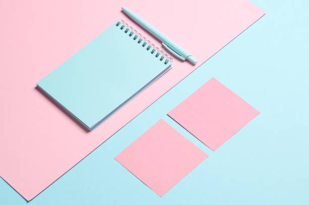 istock Notebook with memo papers, pen on a blue-pink pastel background. Creative layout 1804342298
