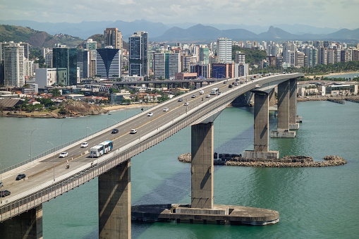 panoramic of the Third Bridge, Terceira ponte, in Vitoria, ES, Brazil. Cityscape as backdrop.