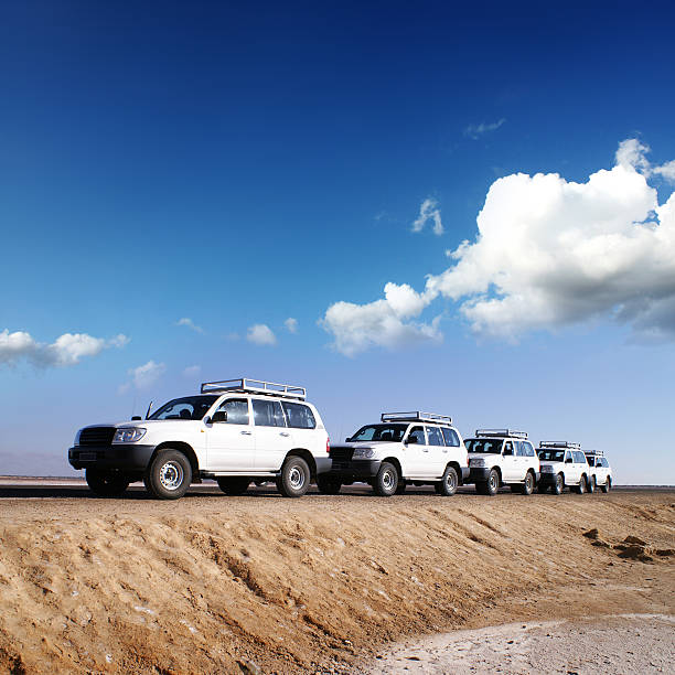 istock Caravan of white SUVs in the desert 180435353
