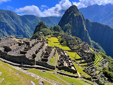A breathtaking aerial view of the Machu Picchu ruins in Peru