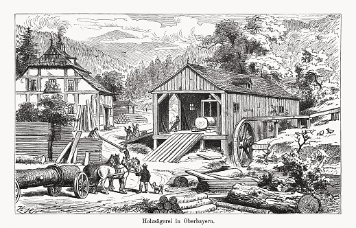 Wood sawmill in Upper Bavaria, Germany. Nostalgic scene from the past. Wood engraving after an original by Hermann Ludwig Heubner (German painter, 1843 - 1915), published in 1894.