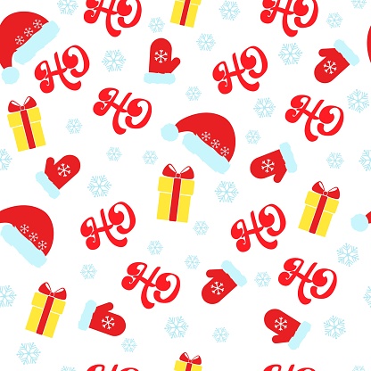 Vector seamless pattern Merry Christmas with Santa hat, mittens, gift boxes and quote Ho Ho Ho. Xmas backdrop for print, decoration, wrapping. Retro Merry Christmas digital wrap paper design.