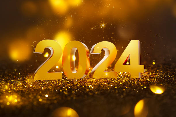 istock New Year 2024 on golden sparkling background. Black luxury style background 3D rendering. 1804373681