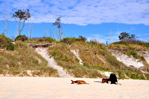 A dog and a hippie nomad asleep on the beach , byron bay , NSW
