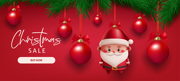 Christmas sale banner Santa Claus toy, glass balls, pine tree branches, and festive decorations in a 3D vector illustration red background. Holiday season. Not AI generated.