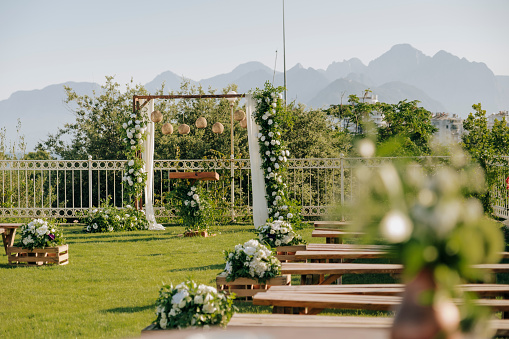 A rustic garden wedding setup, with wooden chairs and benches, and a simple altar arch and aisle lined with pampas leaves and pastel pink florals.