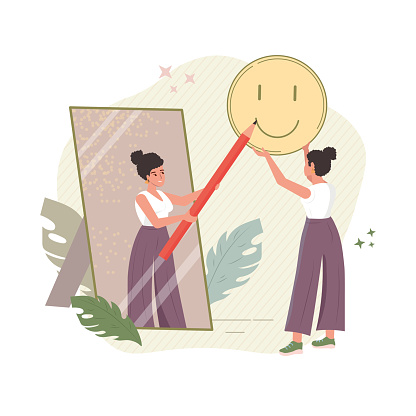 Self pride, self-acceptance, positive self-image and confidence concept vector illustration. Woman looking in a mirror. Esteem, positive self-perception, social role, individual psychology.