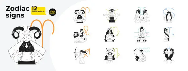 Vector illustration of Zodiac signs monochrome concept vector spot illustrations bundle