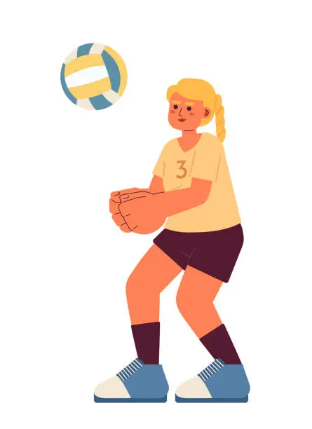 Vector illustration of Caucasian female volleyball player semi flat color vector character