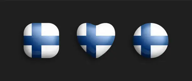 Vector illustration of Finland Official National Flag 3D Vector Glossy Icons Isolated On Black Background