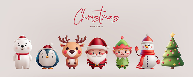 Christmas illustration set cute 3D characters. Santa, a reindeer, an elf, a penguin, a polar bear, and a snowman, Christmas tree. Perfect for holiday greetings and decorations. Not AI generated.