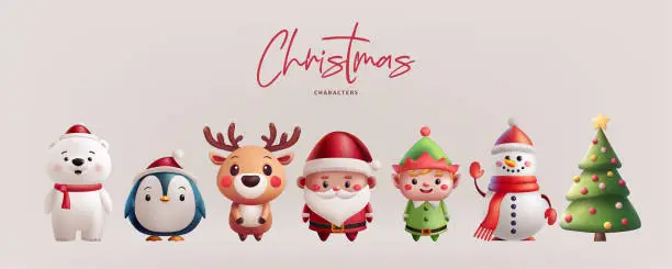 Vector illustration of Christmas illustration set cute 3D characters. Santa, a reindeer, an elf, a penguin, a polar bear, and a snowman, Christmas tree. Perfect for holiday greetings and decorations. Not AI generated.