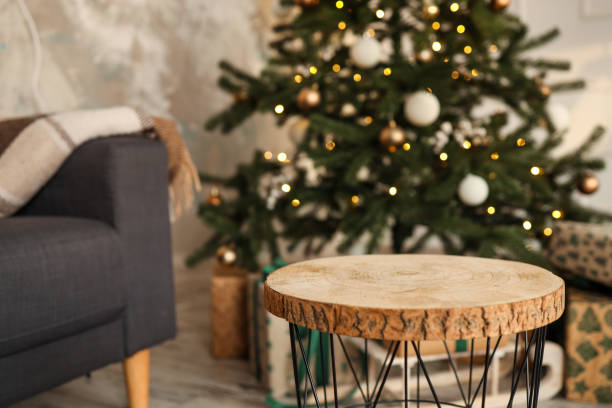 istock Wooden stage mockup with Christmas background 1804401227