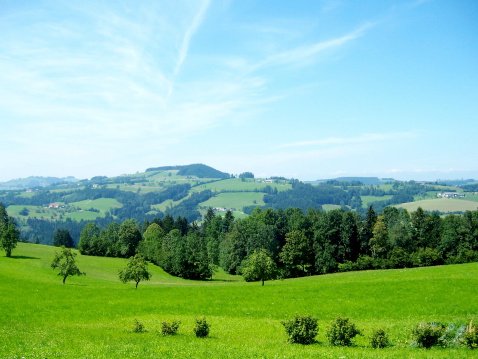 picturesque landscape showing meadow, trees, hills and blue sky, shot in Lower Austria in summer 2012