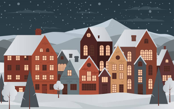 уютная очаровательная зимняя ночная панорама маленького городка с домами с подсветкой окон, деревьями и снегом. для рождественских открыт� - christmas window magic house stock illustrations