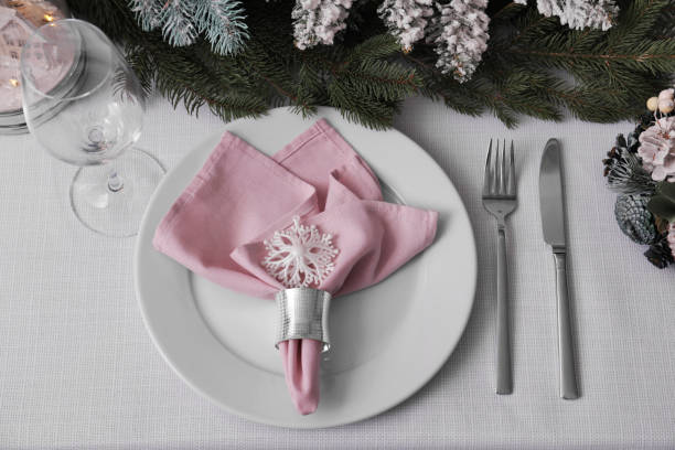 istock Beautiful festive table setting with Christmas decor, above view 1804411069