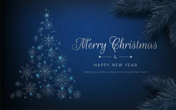 Vector illustration of Merry Christmas Happy New Year banner with a blue theme, luxurious and realistic design. Realistic pine, cone shape with glitter lights snowflake elements, Not AI-generated.