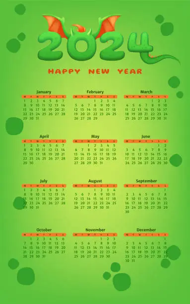 Vector illustration of A vibrant green 2024 calendar template with a dragon theme, featuring months, days, and Chinese zodiac. The design blends abstract fun elements with children motifs. Not AI generated.