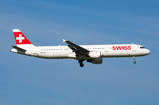 Vienna, Austria - May 20, 2018: Swiss Inernational Airlines Airbus A321 HB-IOC passenger plane arrival and landing at Vienna Airport