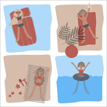 Tanned children relax on the beach. Boys and girls. Set of vector scenes with palm trees, sand, sea, ocean, pool, shells, sand castles, inflatable rings and air mattresses. Illustration for tourist brochures and resort advertising