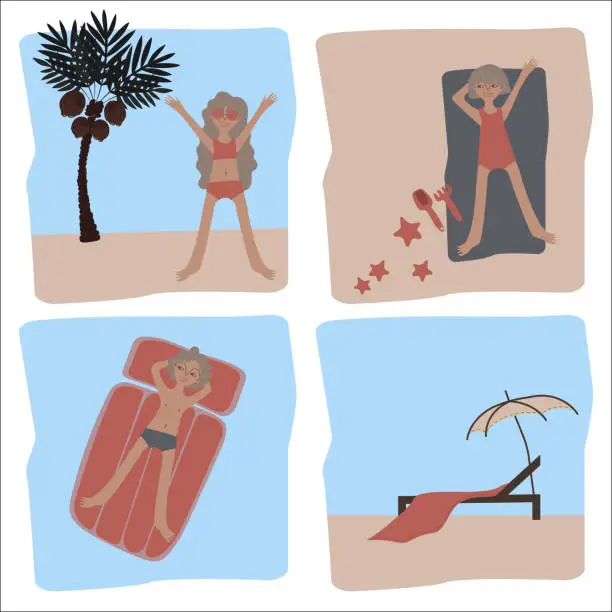 Vector illustration of Tanned children relax on the beach. Boys and girls. Set of vector scenes with palm trees, sand, sea, ocean, pool, shells, sand castles, inflatable rings and air mattresses. Illustration for tourist brochures and resort advertising.