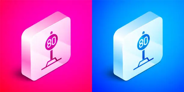 Vector illustration of Isometric Speed limit traffic sign 80 km icon isolated on pink and blue background. Silver square button. Vector