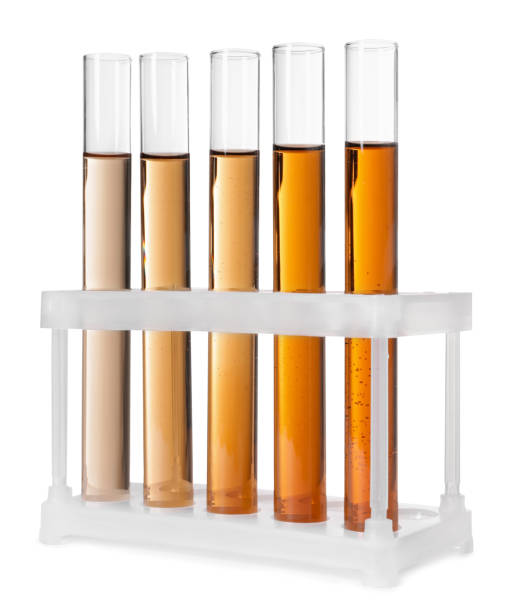 istock Test tubes with brown liquid in stand on white background 1804433207