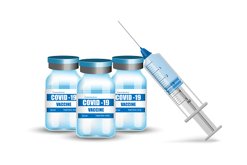 Vaccine bottle vial and syringe injection .Vaccination.Covid-19, Coronavirus concept. Vector in flat style.Treatment for coronavirus