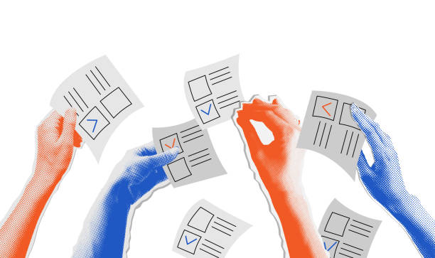 bildbanksillustrationer, clip art samt tecknat material och ikoner med the election voting process, bidding, hands raised up with papers. sale and buy concept in retro collage halftone style. isolated vector illustration. - röst