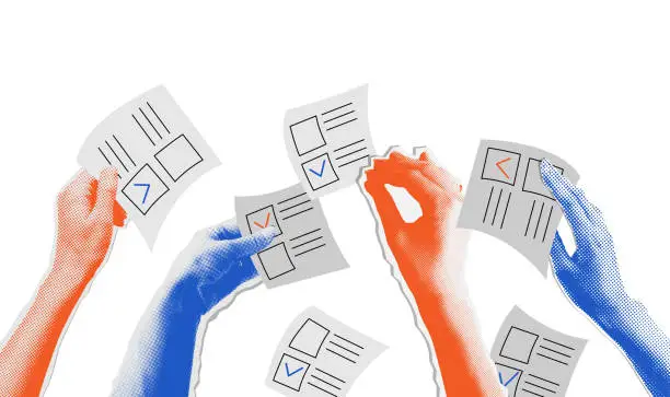 Vector illustration of The election voting process, bidding, hands raised up with papers. Sale and buy concept in retro collage halftone style. Isolated vector illustration.