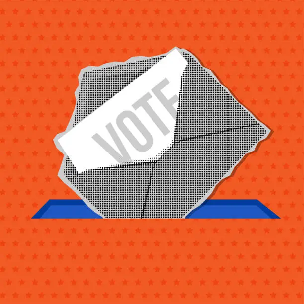 Vector illustration of Vote by mail - trendy vintage halftone banner concept. Distant voting. Open envelope with a ballot paper is dropped into the mailbox.