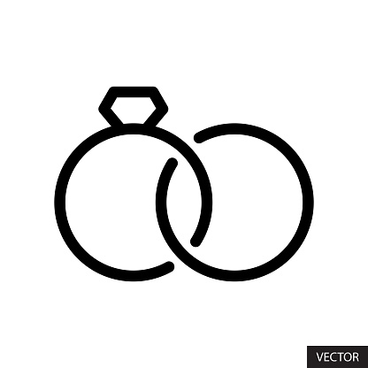 Engagement rings, wedding rings, diamond ring, marital status concept vector icon in line style design for website, app, UI, isolated on white background. Editable stroke. EPS 10 vector illustration.