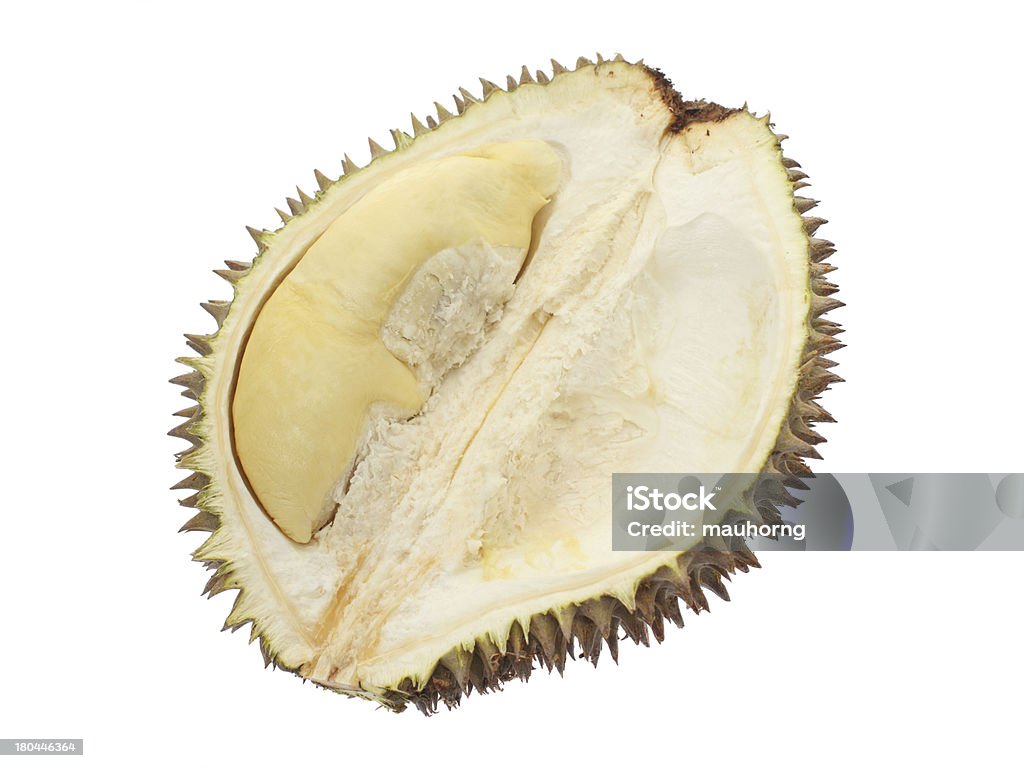 Durian Close up of peeled durian isolated on white background. Brown Stock Photo