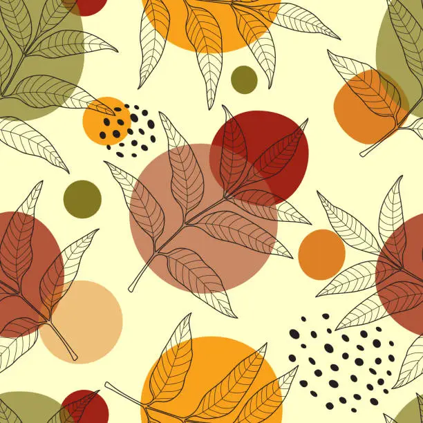 Vector illustration of Vector seamless pattern with twig leaf outlines, dots and geometric shapes