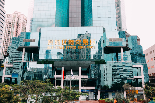 Shenzhen, China - 02 26 2017: Shenzhen city stock exchange in financial district of Shenzhen, China. Shenzhen stock exchange is one of the three biggest stock markets in China.