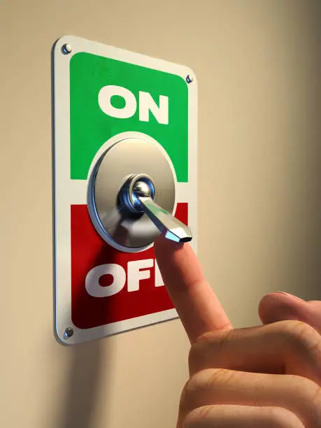 Finger pressing on an old style metal switch. Digital illustration, 3D render.